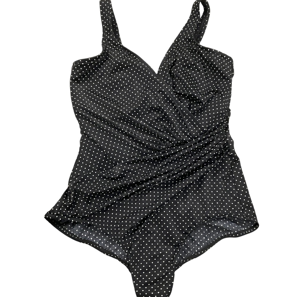 Miraclesuit Swimsuit 1 Pc Women 14DD Black White Polka Dot Ruched Swimwear